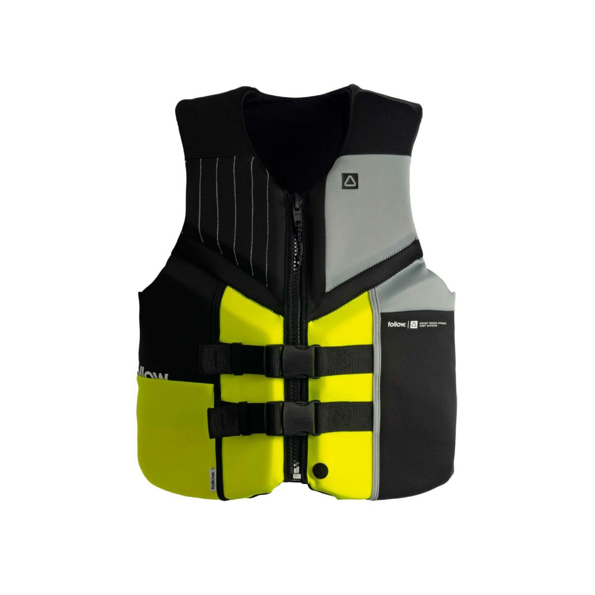 FollowのCure2 CGA Ladies（黒と黄色）初心者女性用ライフジャケットの正面