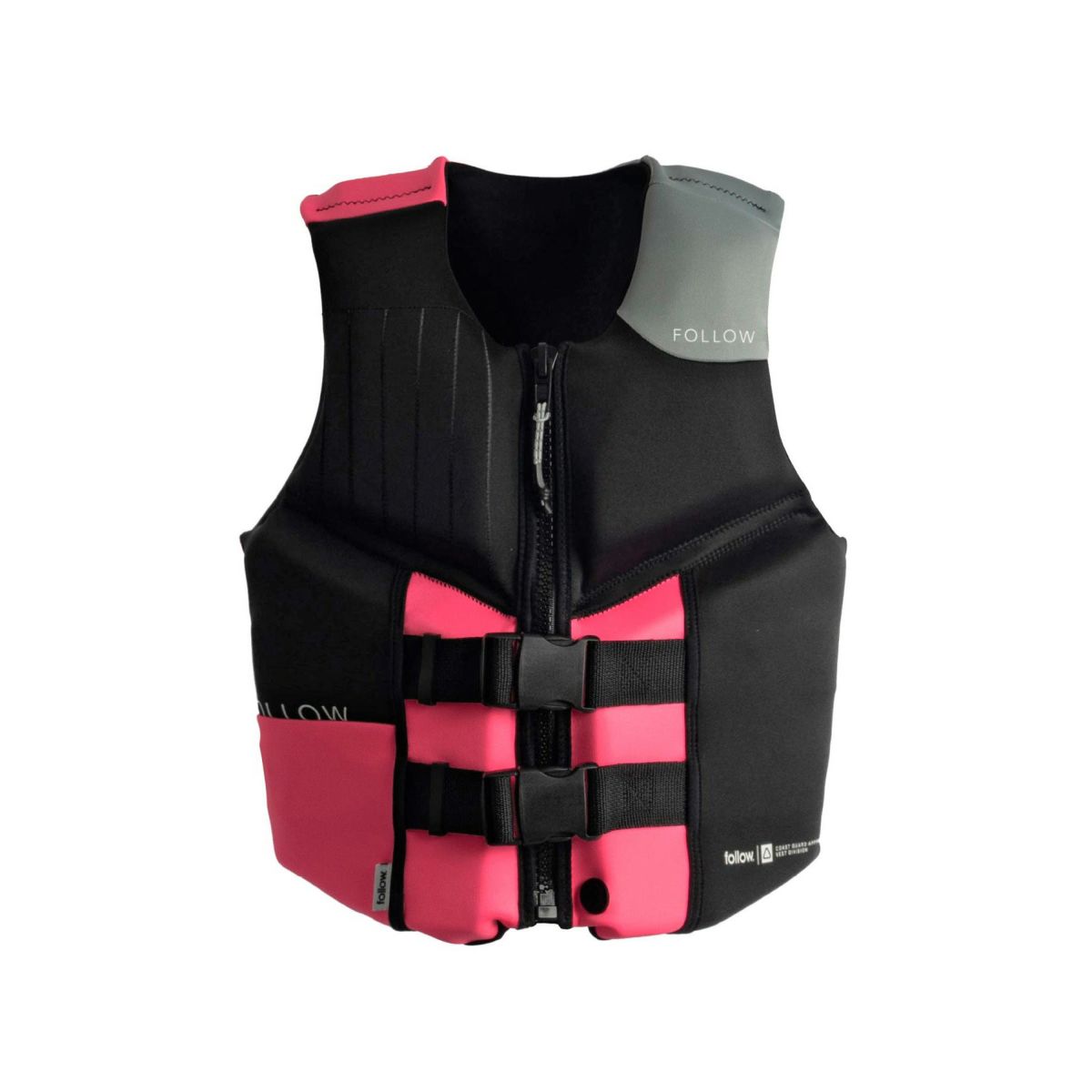 FollowのCure2 CGA Ladies（黒とピンク）初心者女性用ライフジャケットの正面
